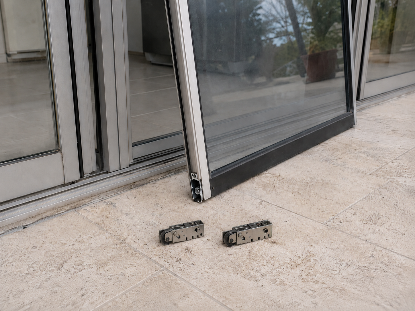 New sliding door rollers laid out beside the track during a Tampa repair